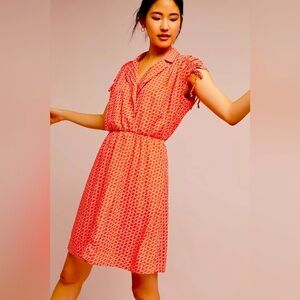 Maeve Anthropologie Carlotta Coral White Nautical Ruched Sleeve Shirtdress XS